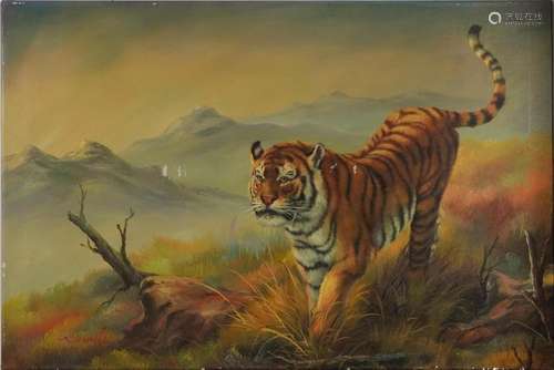 Tiger before a mountainous landscape, oil on canvas, indisti...