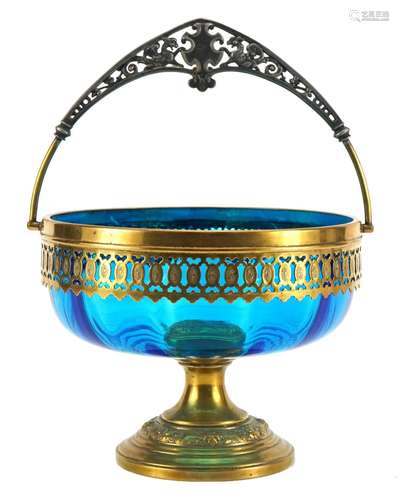 WMF, Art Nouveau blue glass pedestal bowl with swing handle ...