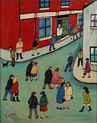 Figures in rush hour, Modern British oil on canvas board, mo...