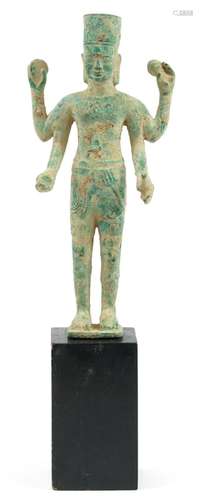 South East Asian verdigris bronze figure raised on a later e...