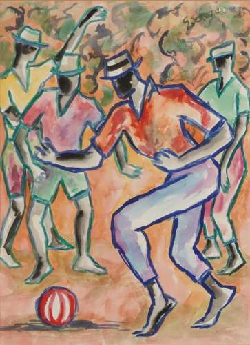 Figures playing football, African school gouache and waterco...
