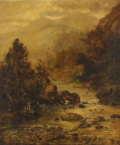River landscape with figure fishing, 19th century oil on can...