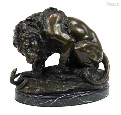 Large patinated bronze study of a lion and serpent signed A ...