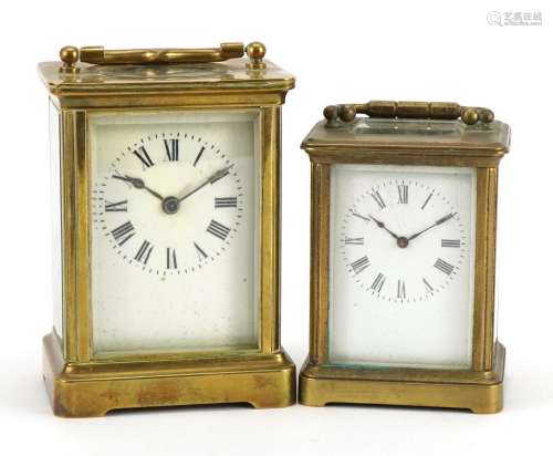 Two brass cased carriage clocks with enamelled dials and Rom...