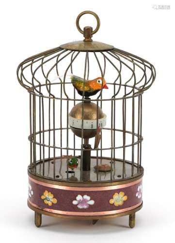 Brass and cloisonne clockwork automaton birdcage with alarm ...