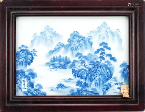 Japanese blue and white porcelain plaque hand painted with a...