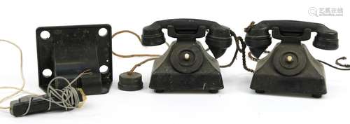 Pair of vintage black Bakelite internal pyramid telephones a...