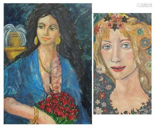 Female portraits with flowers, two oil on boards, one inscri...