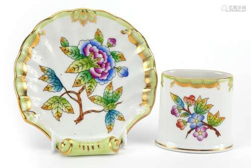 Herend, Hungarian porcelain shell dish and vase, hand painte...