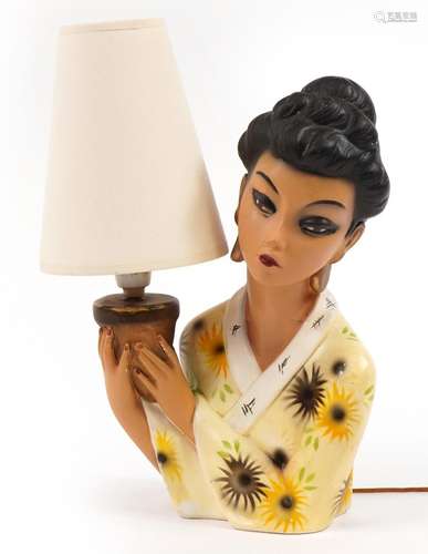 1970s hand painted plaster table lamp in the form of an Asia...