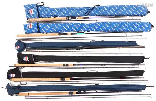 Six Daiwa carbon fishing rods with cases comprising Lighteni...