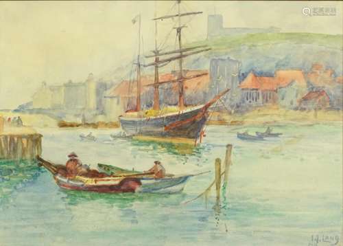 Ships on water before buildings, early 20th century watercol...