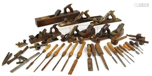 Collection of vintage woodworking planes, chisels and mortic...