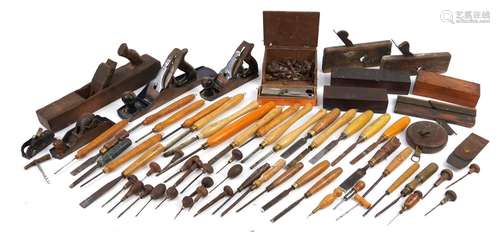 Collection of vintage woodworking tools including Record pla...