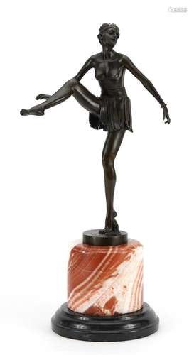 Large patinated bronze figurine of an Art Deco dancer raised...