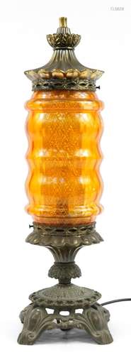 Ornate brass and orange coloured glass lamp, 60.5cm high