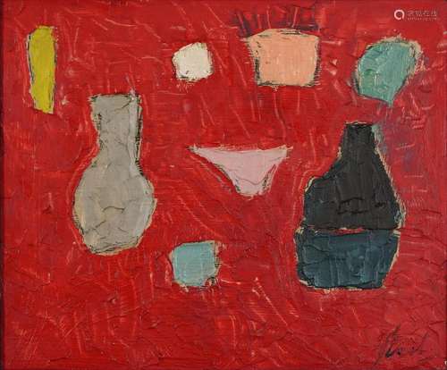 Abstract composition, still life vessels, impasto oil on can...