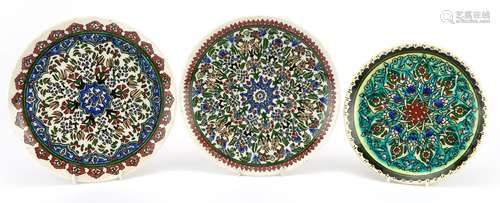 Three Turkish Kutahya pottery plates hand painted with flowe...