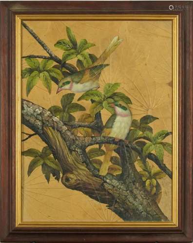 Two birds on a branch, oil on leaves laid onto board, framed...