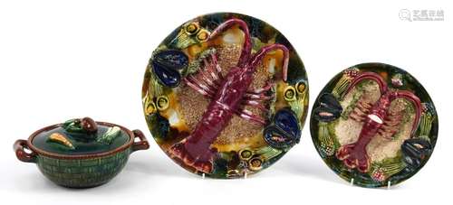 Two Maiolica style lobster plates and a vegetable tureen by ...