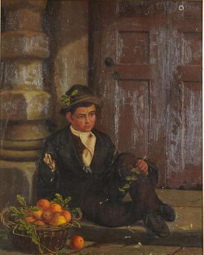 Seated beggar before a doorway, oil on canvas, indistinctly ...