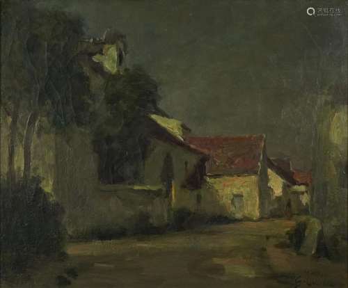 Village landscape at dusk, continental school oil on canvas,...