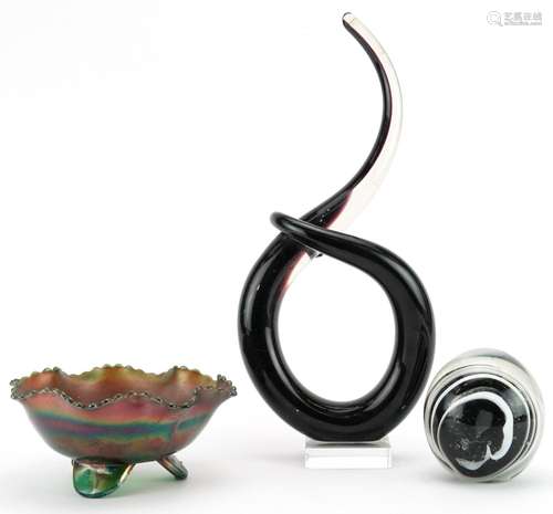 Art glassware including a sculpture and carnival glass bowl,...