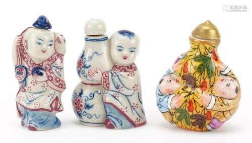 Three Chinese porcelain figural snuff bottles including one ...