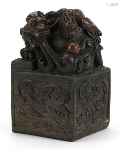 Large Chinese patinated bronze seal with dragons, character ...