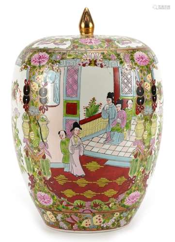 Large Chinese porcelain jar and cover hand painted with figu...