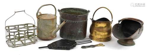 Antique metalware including Victorian copper coal scuttle, c...