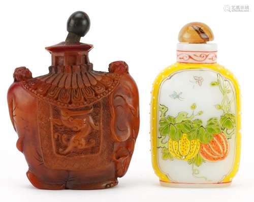 Chinese Peking glass snuff bottle and an amber coloured exam...