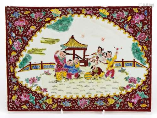 Chinese porcelain panel hand painted in the famille rose pal...