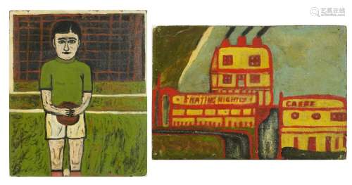 Footballer and street scene, pair of folk art style oil on b...