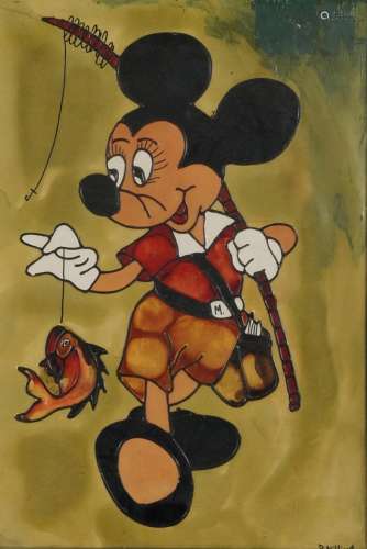 Mickey Mouse with a fish, comical mixed media, indistinctly ...