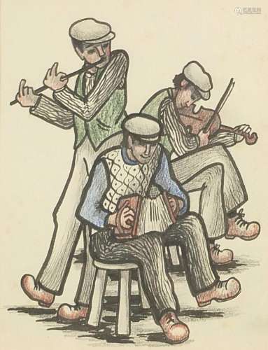Three musicians, Irish school mixed media on paper, mounted,...