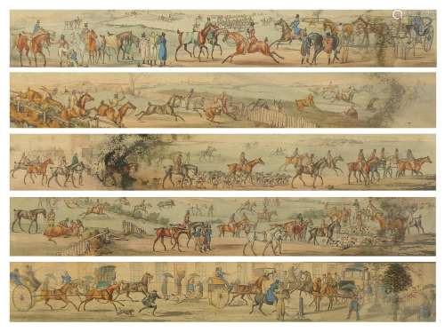Huntsmen on horseback with hounds, set of six panoramic prin...