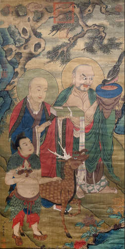 Chinese Buddhist Painting, Ink and Color on Silk, Ding Guanp...