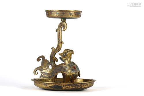 Gilt Bronze Gem-Inlaid Mythical-Beast Lamp