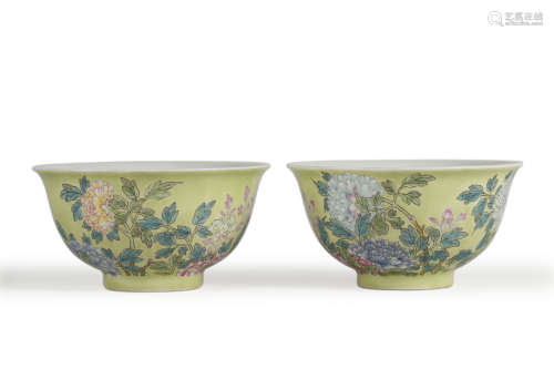 Two Yellow Glaze Famille Rose Bowls