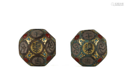 Two Bronze Gold-Inlaid Dices