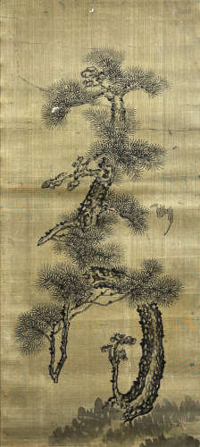 Chinese Pine Painting, Ink on Silk, Anonymous