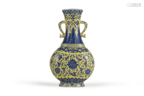 Yellow Ground Blue and White Peony Ruyi-Ears Vase