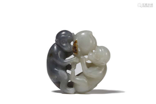 White and Black Jade Monkey Peach Ornament