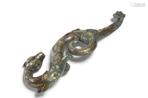 Bronze Gold and Turquoise Inlaid Belt Hook