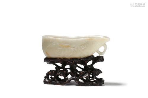 Carved White Jade Beast-Face Cup with Wood Stand