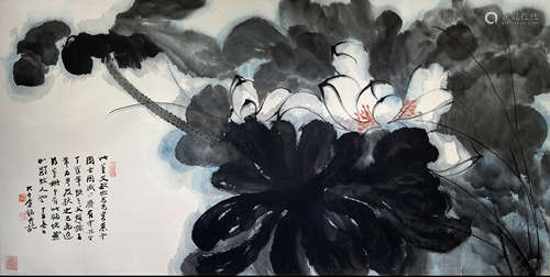 Chinese Lotus Painting on Paper, Zhang Daqian