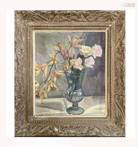 Chinese Flower and Vase Painting with Frame, Pan Yuliang