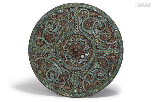 Turquoise and Gold, Silver Inlaid Bronze Ritual Mirror