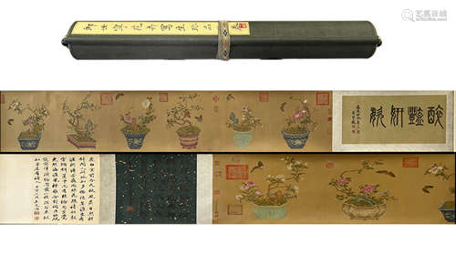 Chinese Flower Painting Silk Hand Scroll, Lang Shining